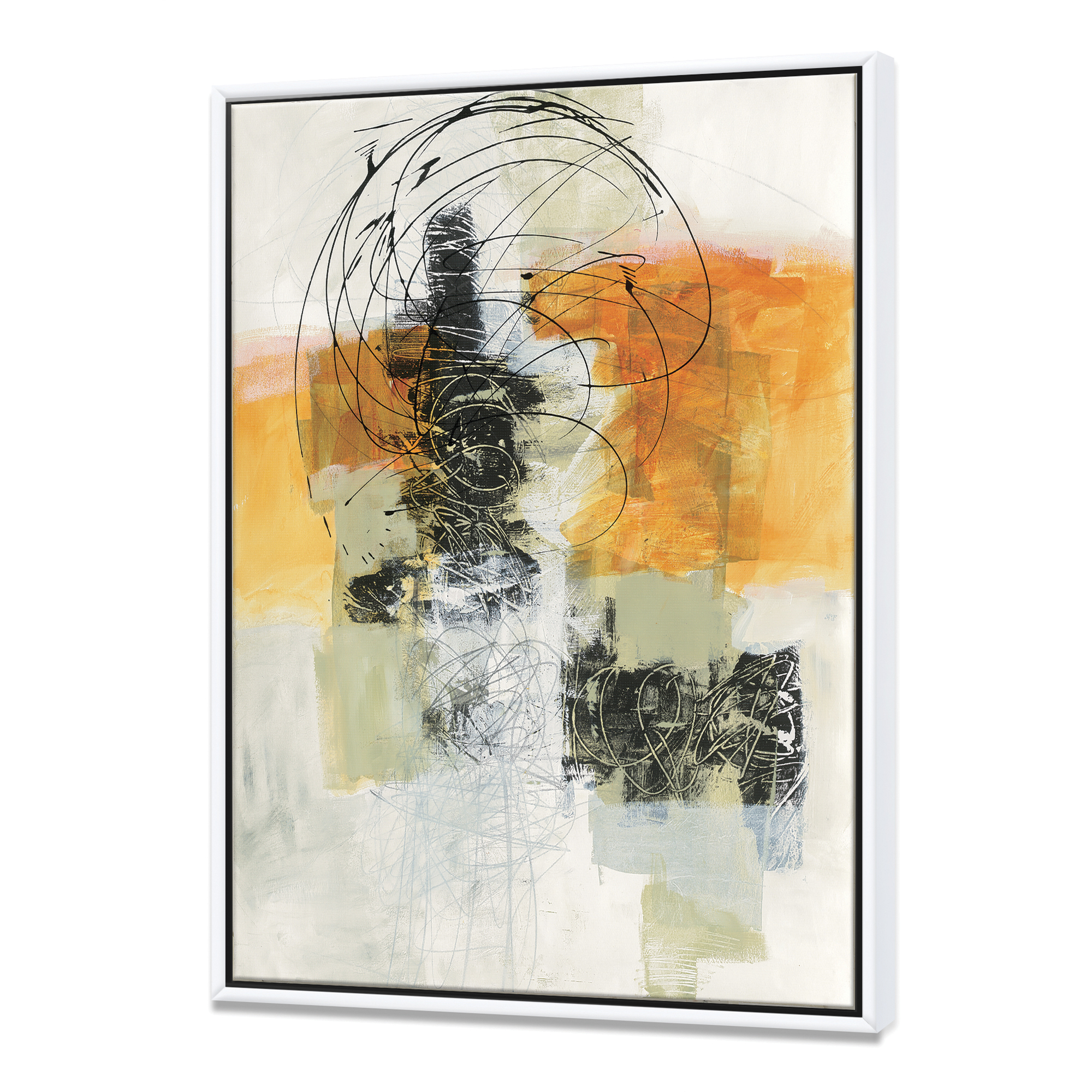 Designart ' Abstract Composition of Glamorous Yellow and Black ' Contemporary Framed Canvas