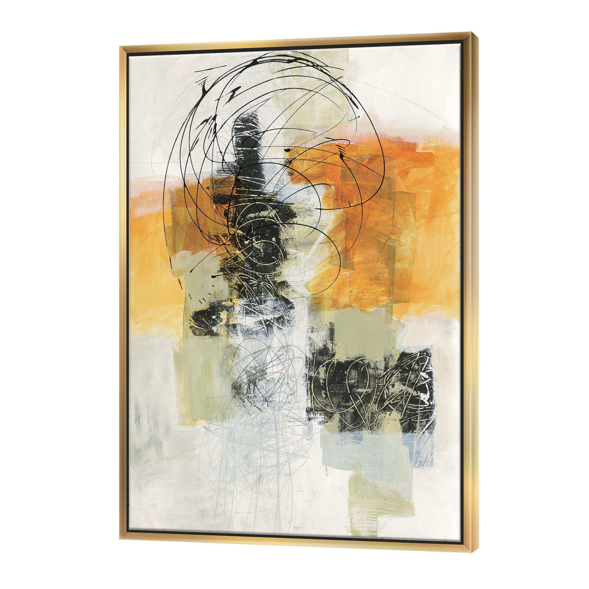 Designart ' Abstract Composition of Glamorous Yellow and Black ' Contemporary Framed Canvas