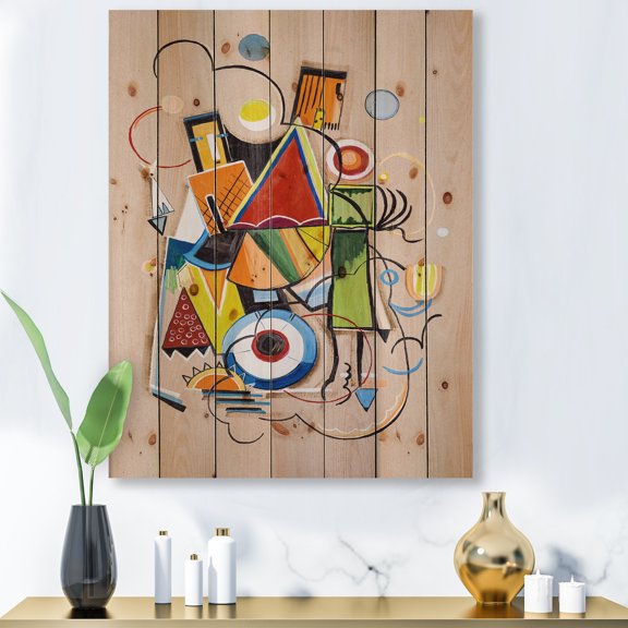 Designart 'Abstract Compositions Of Colored Geometric I' Modern Print on Natural Pine Wood