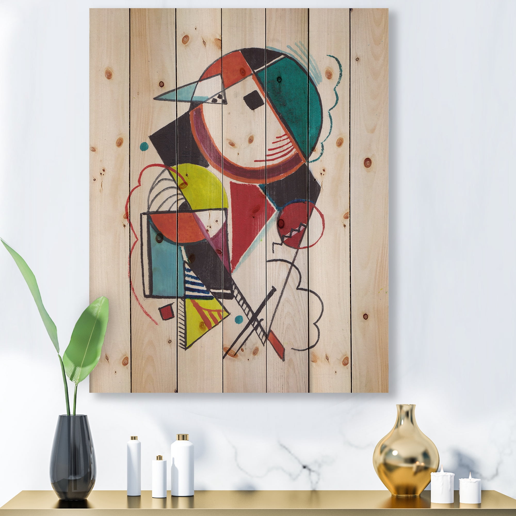 Designart 'Abstract Compositions Of Colored Geometric II' Modern Print on Natural Pine Wood
