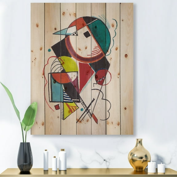 Designart 'Abstract Compositions Of Colored Geometric II' Modern Print on Natural Pine Wood