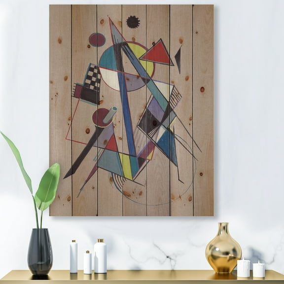 Designart 'Abstract Compositions Of Colored Geometric III' Modern Print on Natural Pine Wood