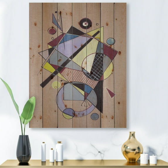 Designart 'Abstract Compositions Of Colored Geometric IV' Modern Print on Natural Pine Wood