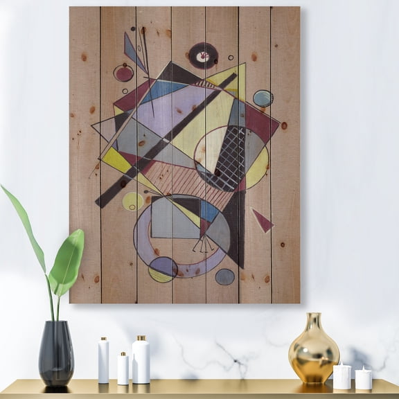 Designart 'Abstract Compositions Of Colored Geometric IV' Modern Print on Natural Pine Wood