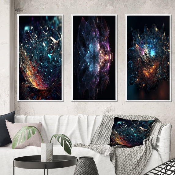Designart "Abstract Cosmic Crystal Journey through Deep Space III" Fractals Framed Wall Art Set Of 3 - Blue Transitional Frame Canvas Set For Living Room Decor