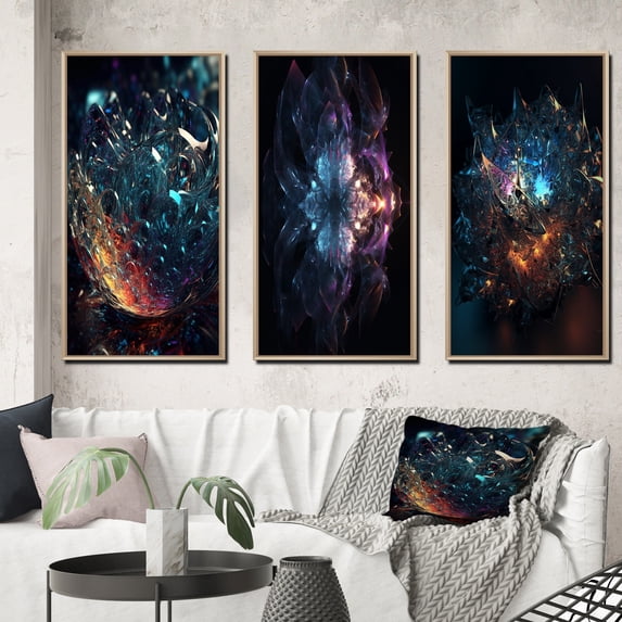 Designart "Abstract Cosmic Crystal Journey through Deep Space III" Fractals Framed Wall Art Set Of 3 - Blue Transitional Frame Canvas Set For Living Room Decor