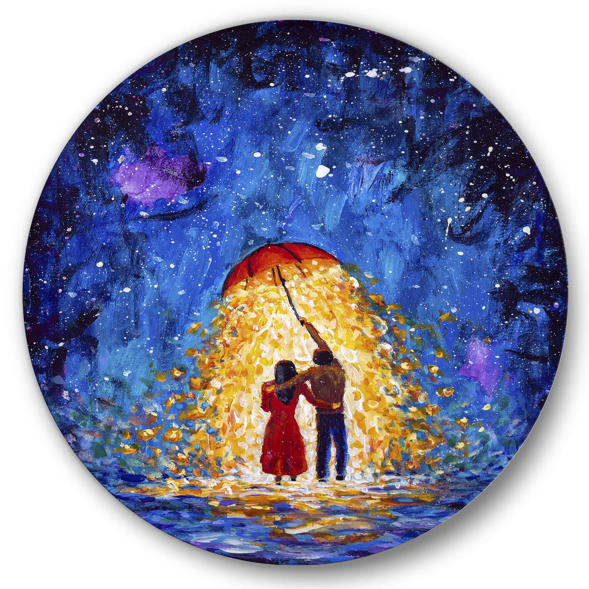 Designart 'Abstract Couple In Love Walks Under Glowing Umbrella' French Country Circle Metal Wall Art 11x11 - Disc of 11