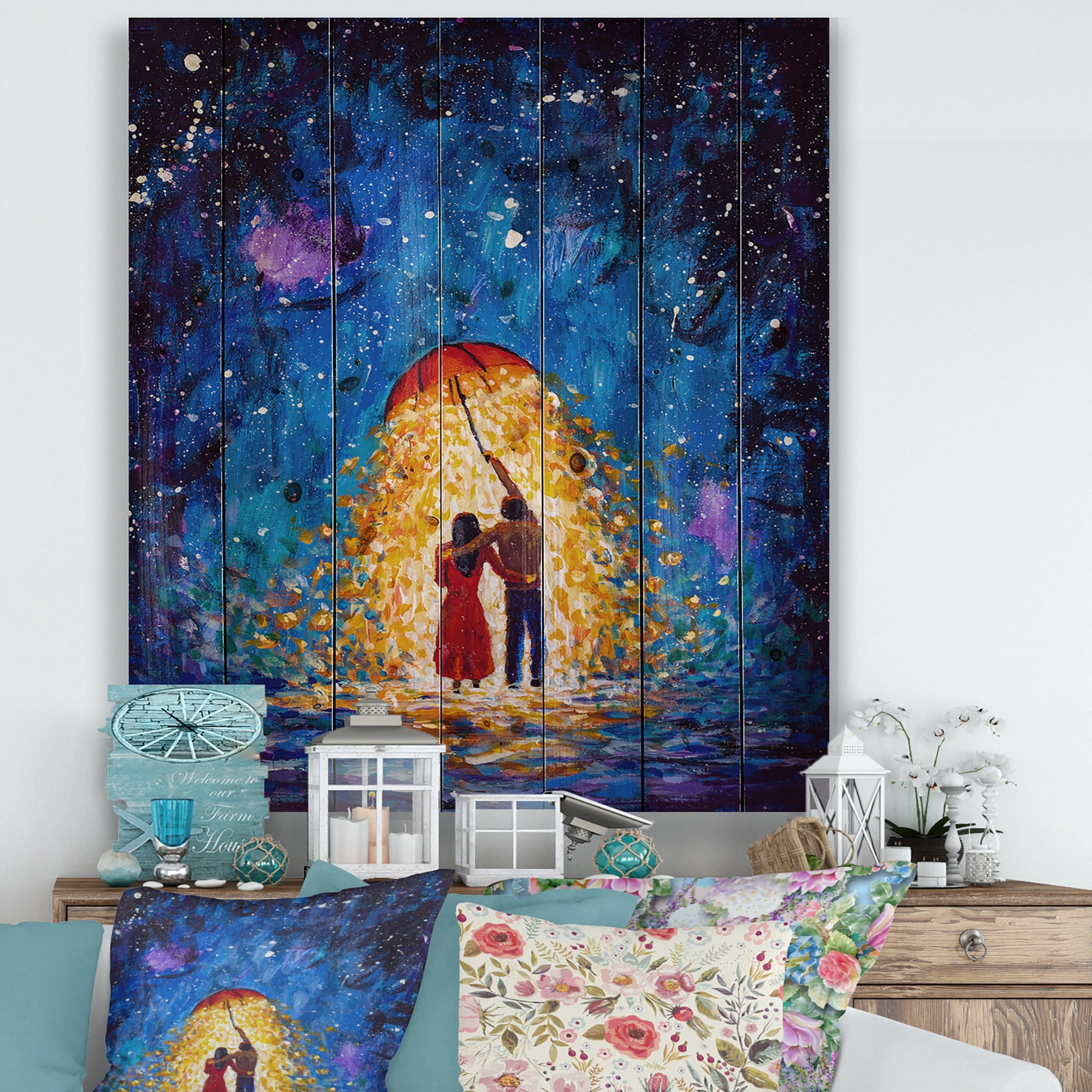 Designart 'Abstract Couple In Love Walks Under Glowing Umbrella' French Country Print on Natural Pine Wood