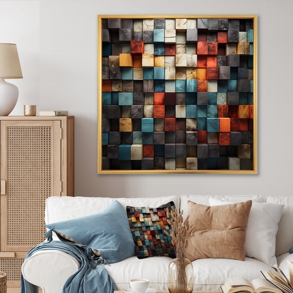 Designart "Abstract Cubes in Blue and Red III" Abstract Framed Wall Art - Blue Abstract Cubism Bedroom Framed Canvas Wall Art