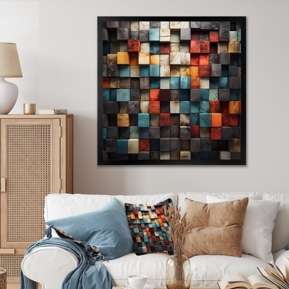Designart "Abstract Cubes in Blue and Red III" Abstract Framed Wall Art Decor - Modern Blue Abstract Cubism Bedroom Framed Canvas Wall Art