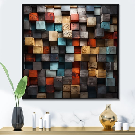 Designart "Abstract Cubes in Blue and Red IV" Abstract Framed Wall Art - Blue Abstract Cubism Entryway Framed Wall Art Print