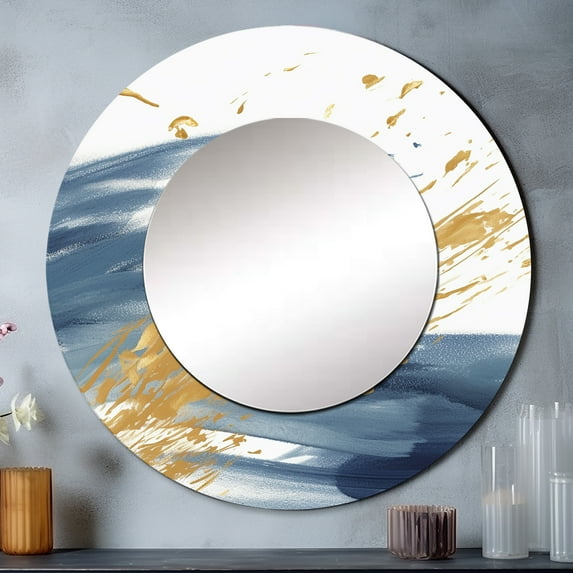 Designart "Abstract in Dark Blue and Gold IV" Fractals Rund Mirror For Wall Decor - Large Blue Round Print Mirror - Round Traditional Mirror 23" x 23" Inch - Wall Mounted Round Large Mirror