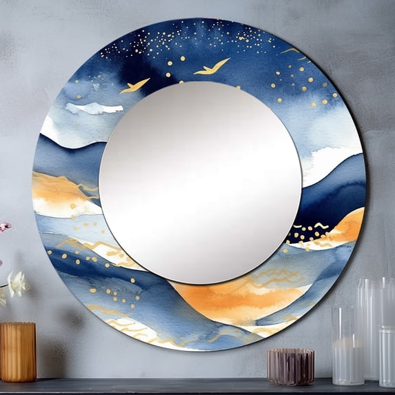 Designart "Abstract in Dark Blue and Gold IX" Fractals Blue Large Round Mirror - Round Mirror Wall Décor - Traditional Round Printed Mirror 29" x 29" Inch