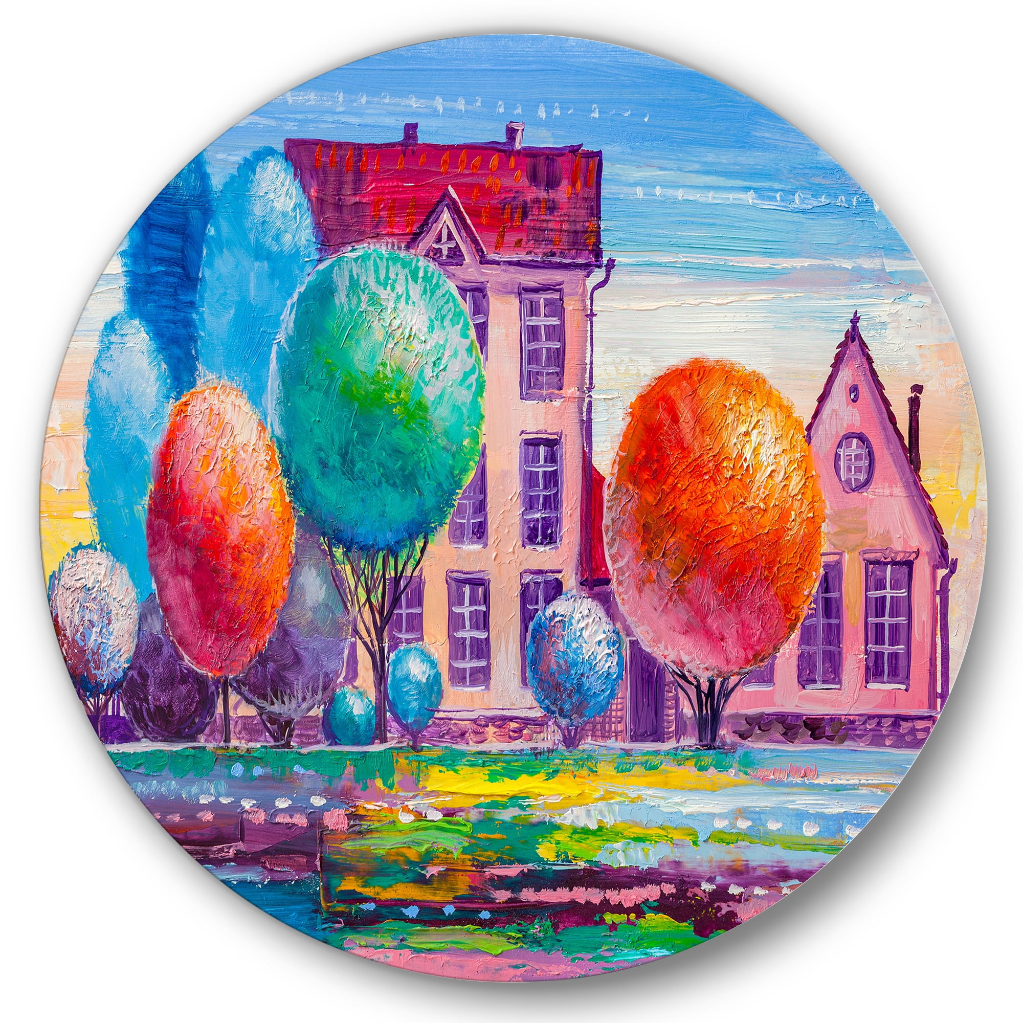 Designart 'Abstract Daydream House In The VIllage' Traditional Circle Metal Wall Art 11x11 - Disc of 11
