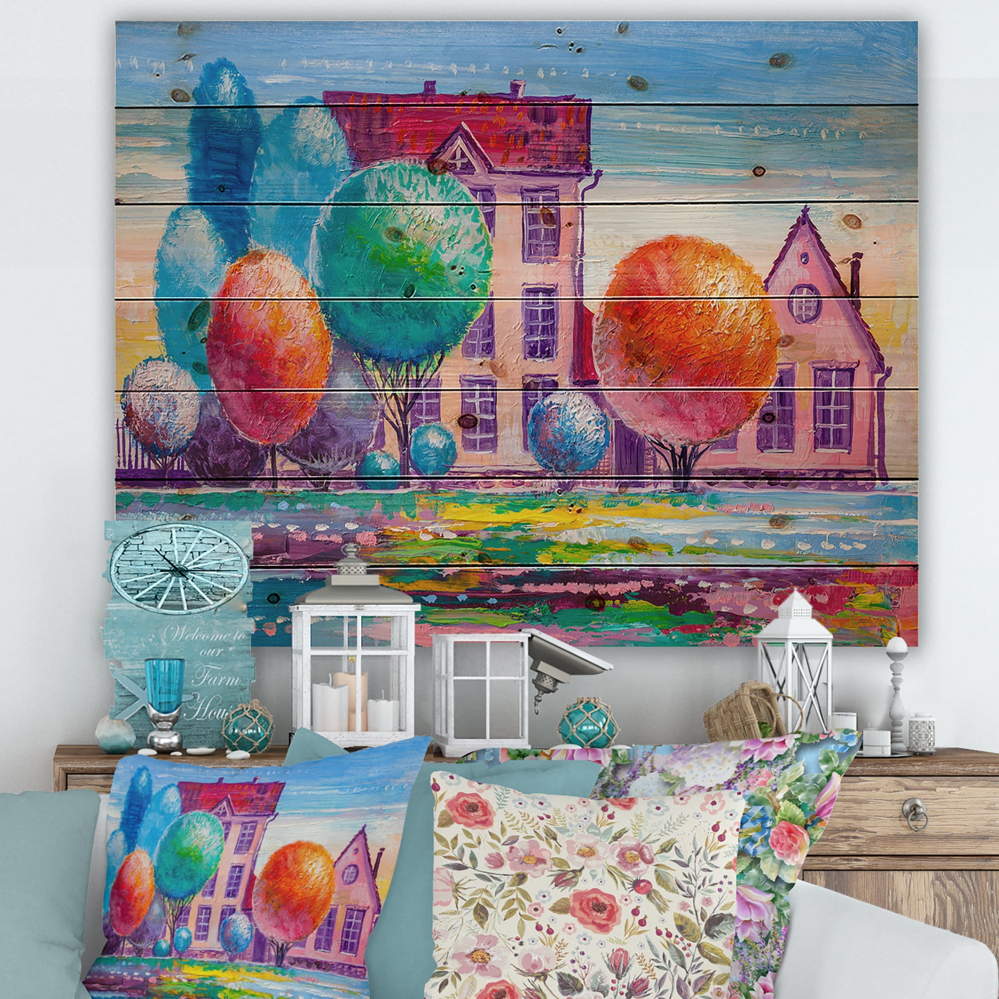Designart 'Abstract Daydream House In The VIllage' Traditional Print on Natural Pine Wood