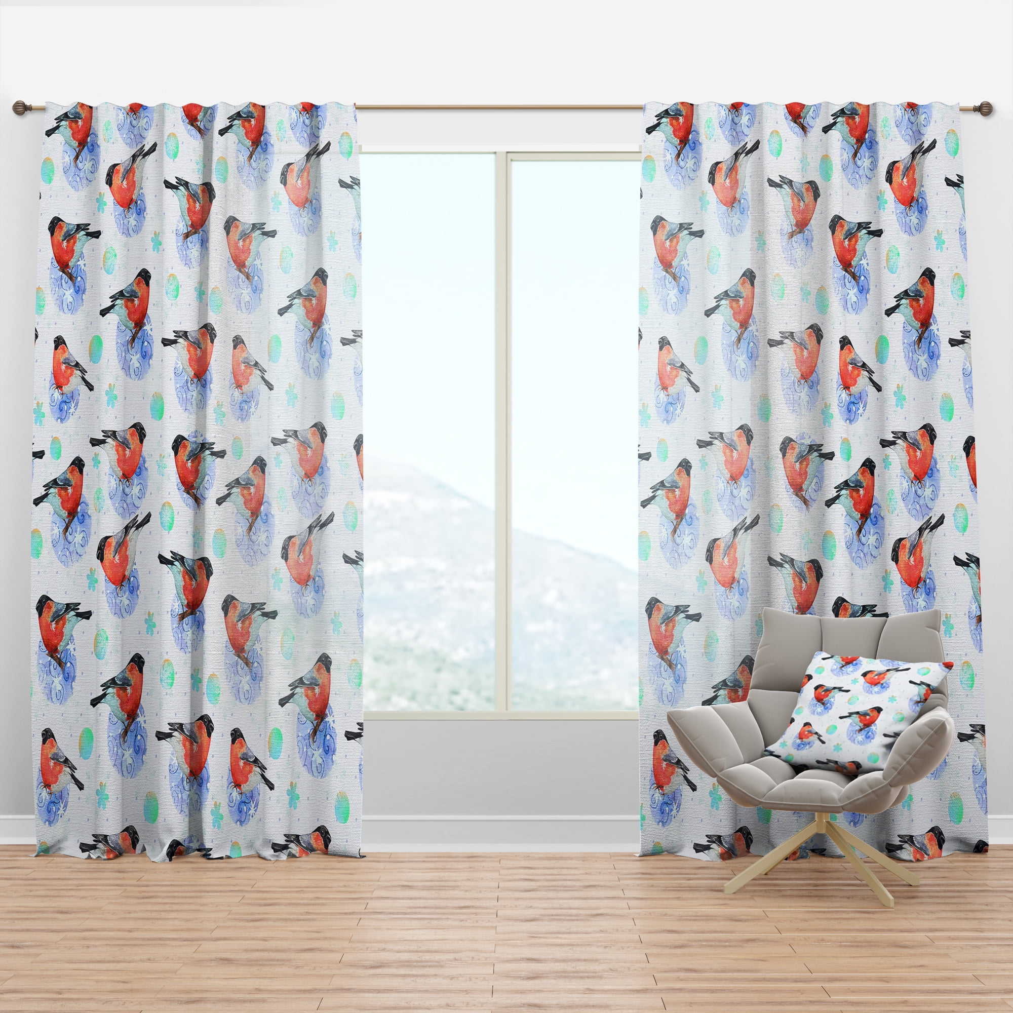 Designart 'Abstract Doodle Circles and Bullfinch Bird' Animals Curtain Panel