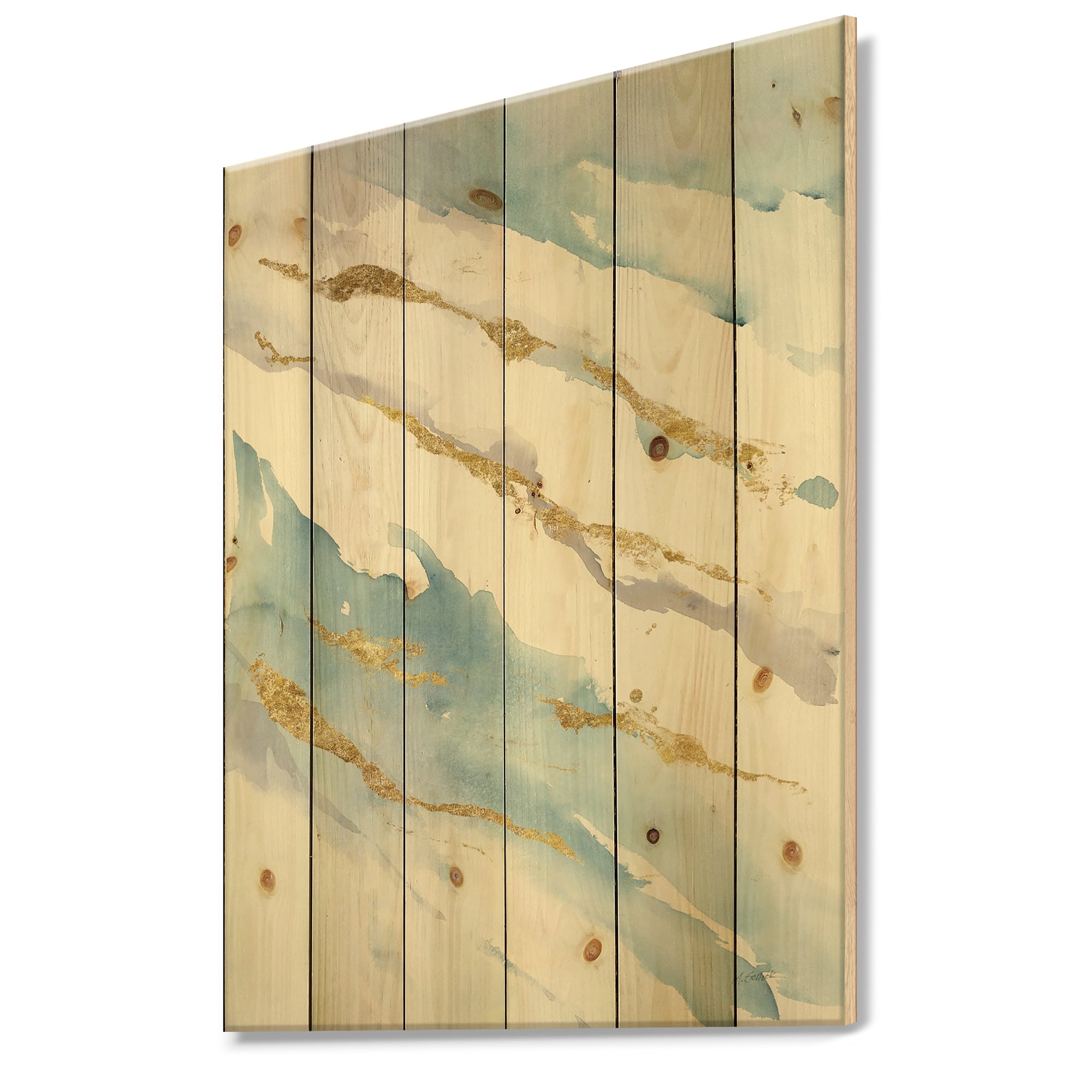 Designart 'Abstract Drift Blue and Gold' Posh & Lux Print on Natural Pine Wood