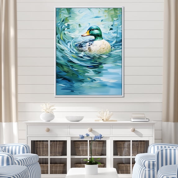 Designart "Abstract Duck Ripples II" Animals Framed Wall Art - Traditional Blue Duck Entryway Framed Wall Art Print