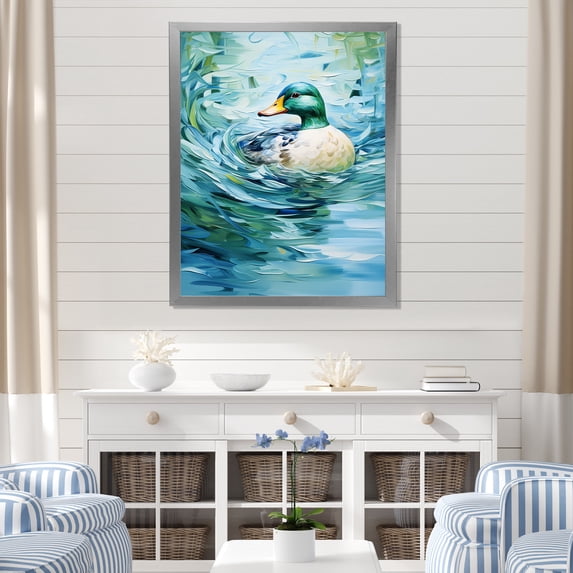 Designart "Abstract Duck Ripples II" Animals Framed Wall Art - Traditional Blue Duck Entryway Framed Wall Art Print