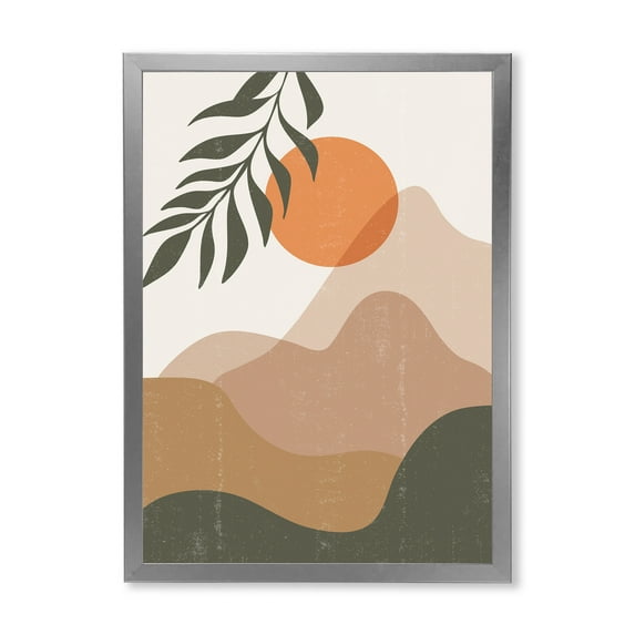 Designart 'Abstract Earth Toned Mountains With Red Moon I' Modern Framed Art Print