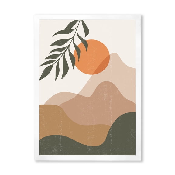 Designart 'Abstract Earth Toned Mountains With Red Moon I' Modern Framed Art Print