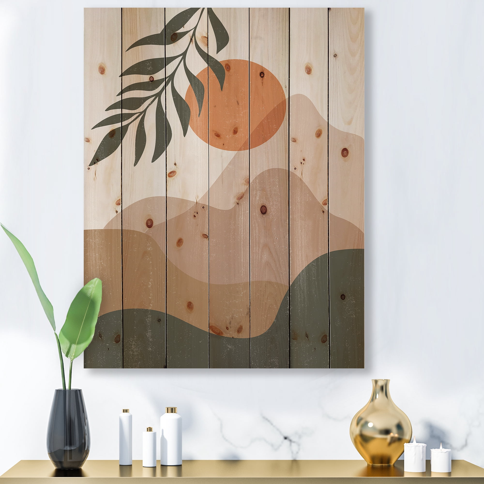 Designart 'Abstract Earth Toned Mountains With Red Moon I' Modern Print on Natural Pine Wood