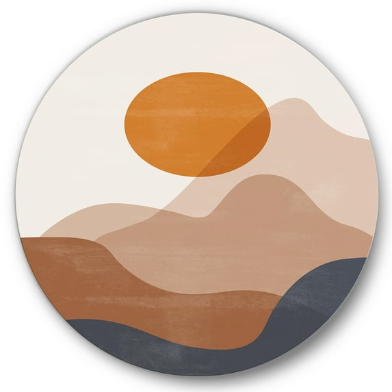 Designart 'Abstract Earth Toned Mountains With Red Moon II' Modern Circle Metal Wall Art 29x29 - Disc of 29