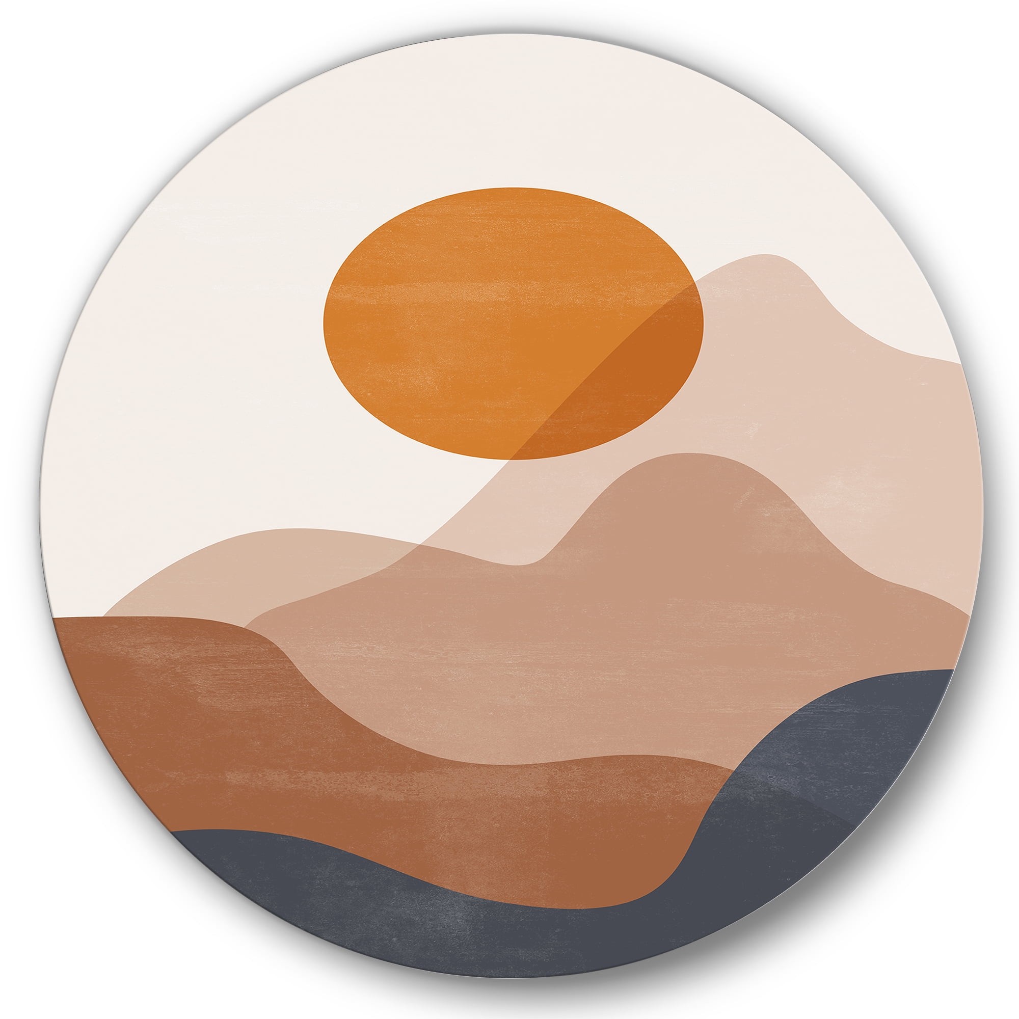 Designart 'Abstract Earth Toned Mountains With Red Moon II' Modern Circle Metal Wall Art 36x36 - Disc of 36