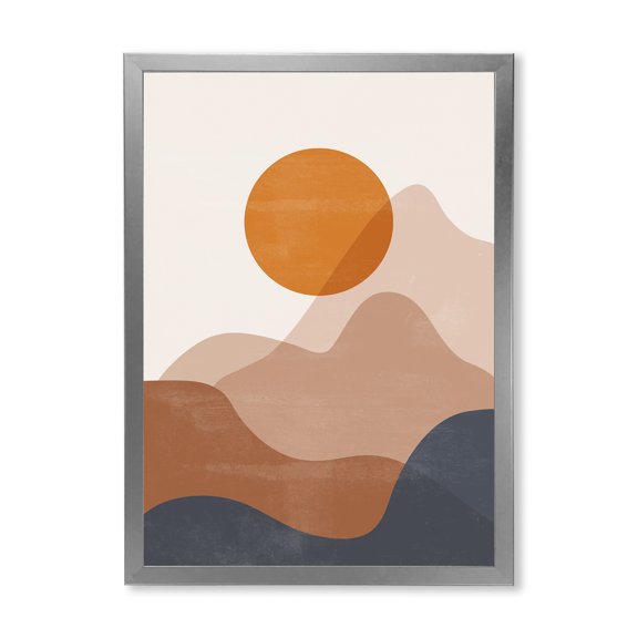 Designart 'Abstract Earth Toned Mountains With Red Moon II' Modern Framed Art Print