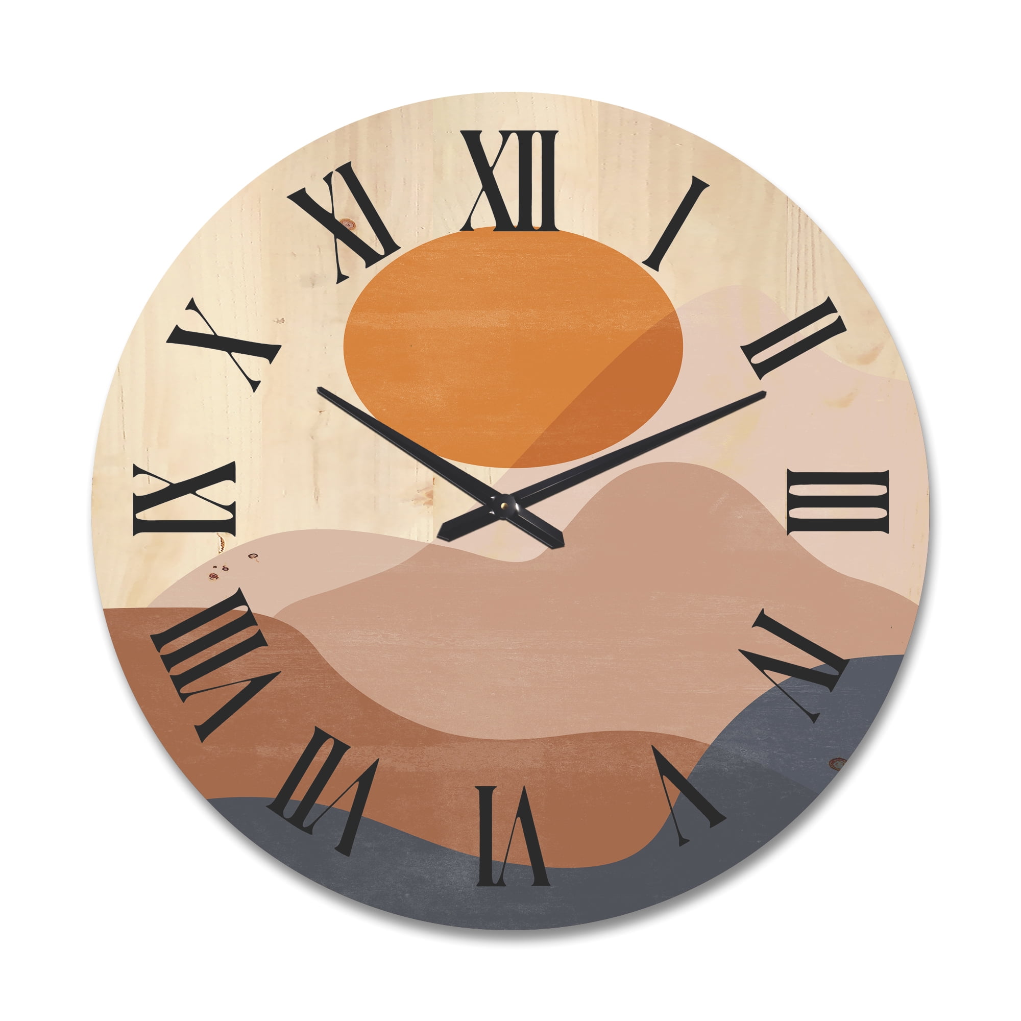 Designart 'Abstract Earth Toned Mountains With Red Moon II' Modern Wood Wall Clock