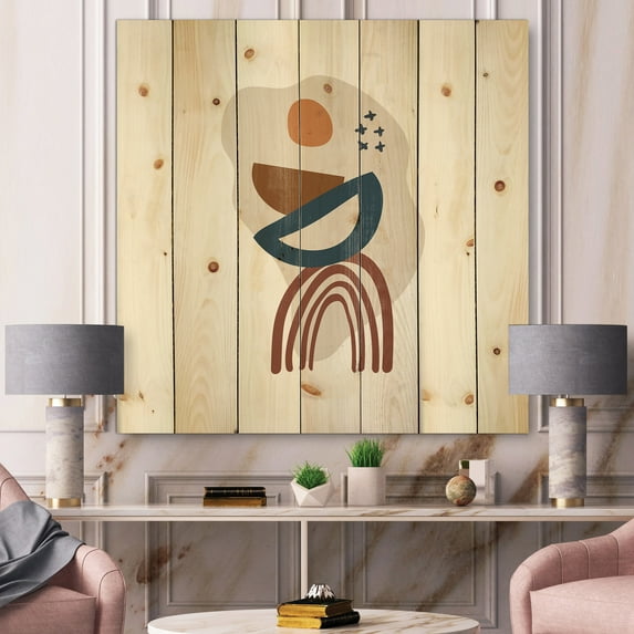 Designart 'Abstract Elementary Shapes In Terracotta Tones I' Modern Print on Natural Pine Wood