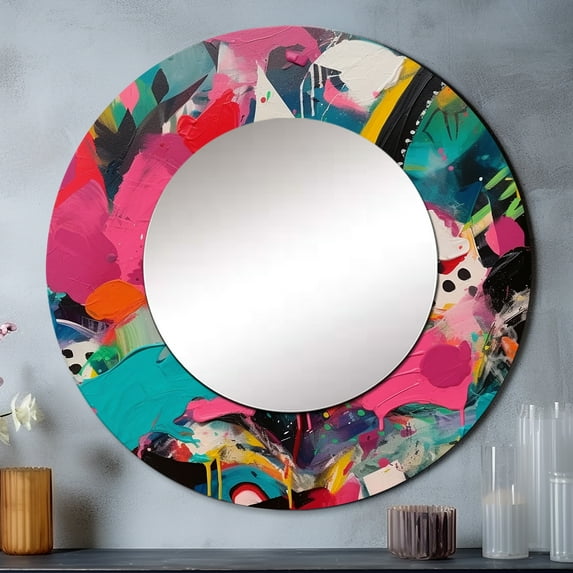 Designart "Abstract Enigma in Pink and Turquoise II" Abstract Rund Mirror For Wall Decor - Large Pink Round Print Mirror - Round Glam Mirror 29" x 29" Inch - Wall Mounted Round Large Mirror