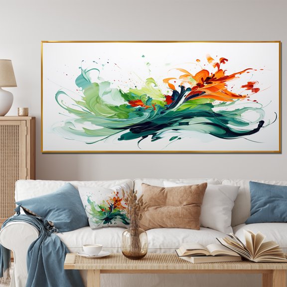 Designart "Abstract Expression in Green and White V" Extra Large Abstract Framed Wall Art - Modern White Abstract Painting Bedroom Framed Canvas Wall Art