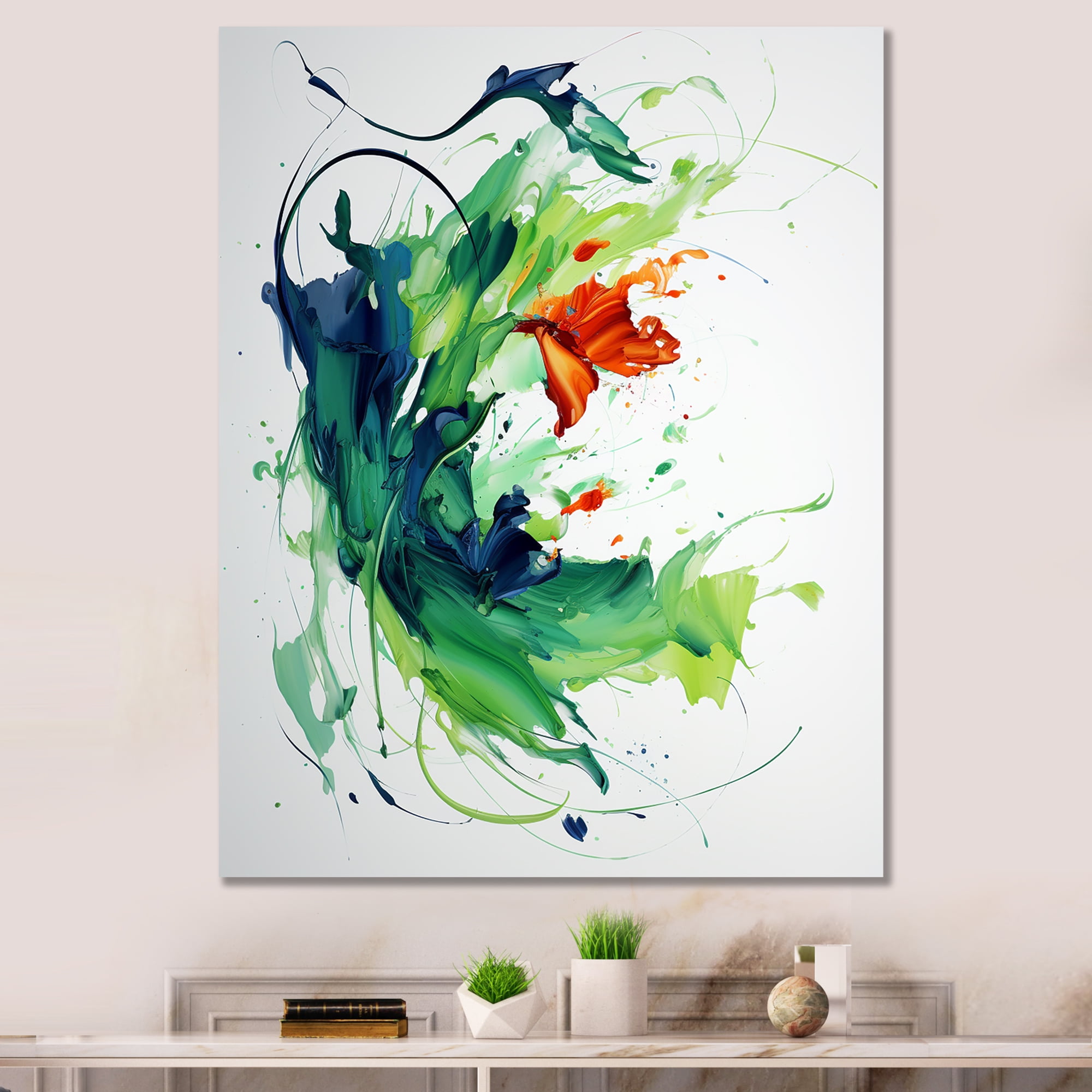 Designart "Abstract Expression in Green and White II" Abstract Canvas ...
