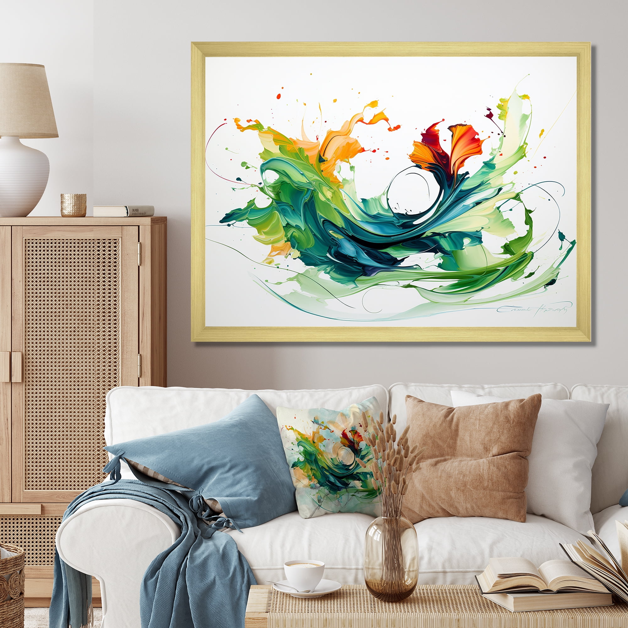 Designart "Abstract Expression in Green and White VI" Abstract Framed