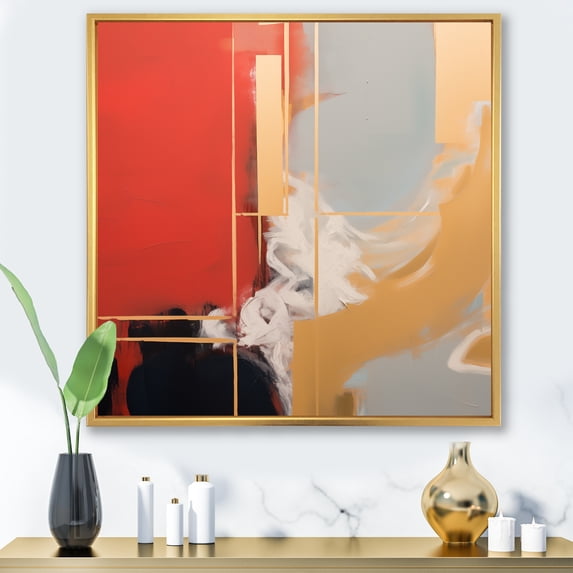 Designart "Abstract Expression in Yellow and Red" Abstract Framed Wall Art - Red Abstract Painting Entryway Framed Wall Art