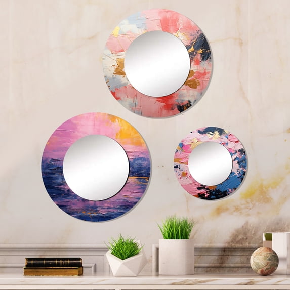 Designart "Abstract Expressionism Unfamiliar Happiness III" Abstract Round Mirror Set of 3 - Modern Pink Hallway Round Mirror Wall Decor Set