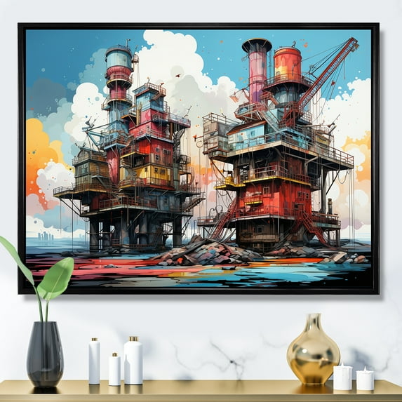 Designart "Abstract Fields Of Red And Blue Oil Rigs I" Oil Rigs / Fields Floater Framed Canvas Wall Art