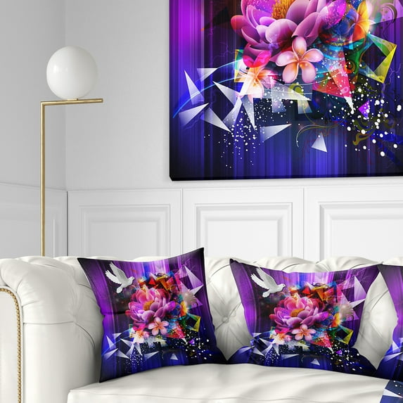 Designart Abstract Floral Design with Dove - Floral Throw Pillow - 16x16