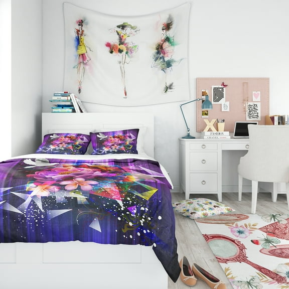Designart 'Abstract Floral Design with Dove' Modern & Contemporary Duvet Cover Set