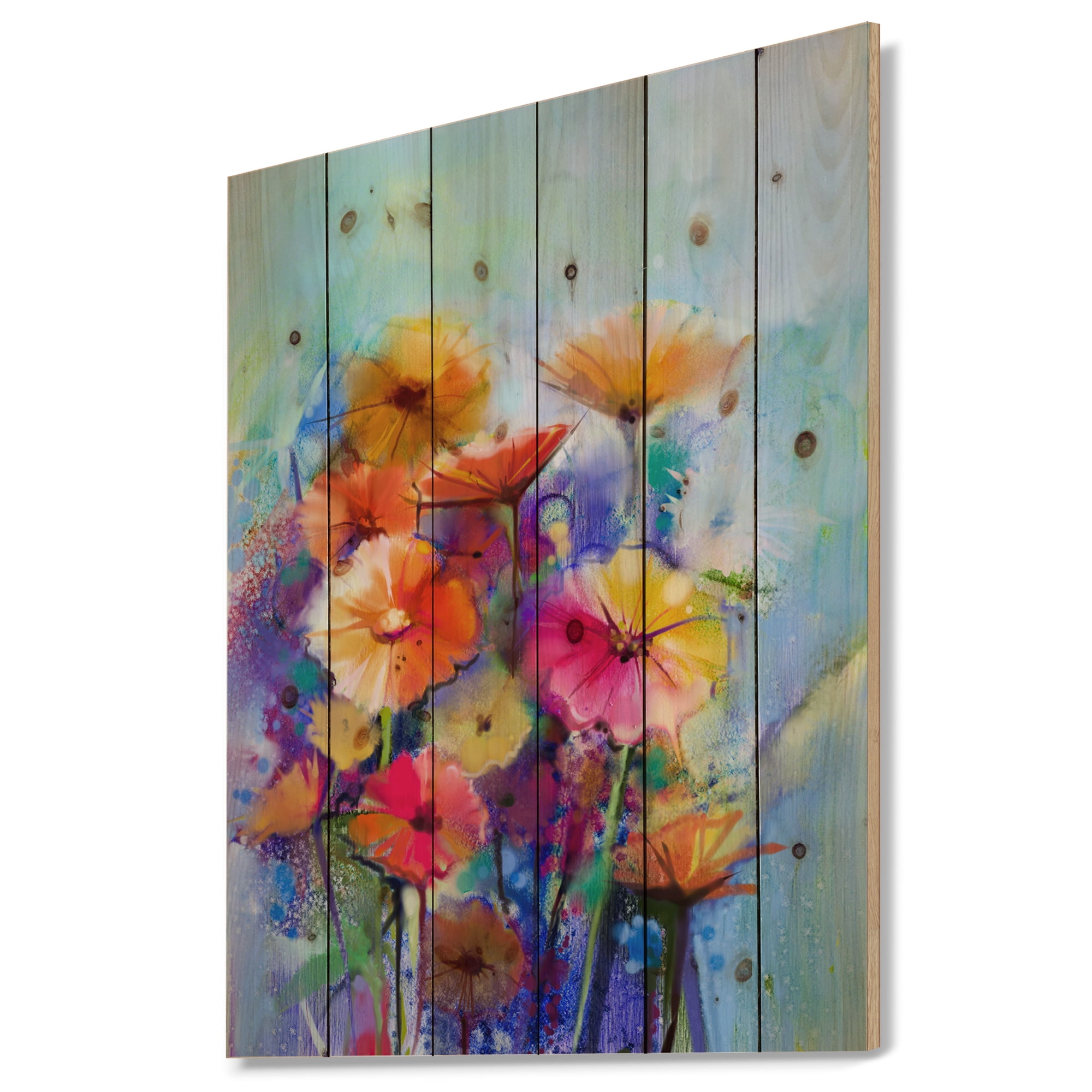 Colorful Abstract Floral Watercolor Print on Pine Wood