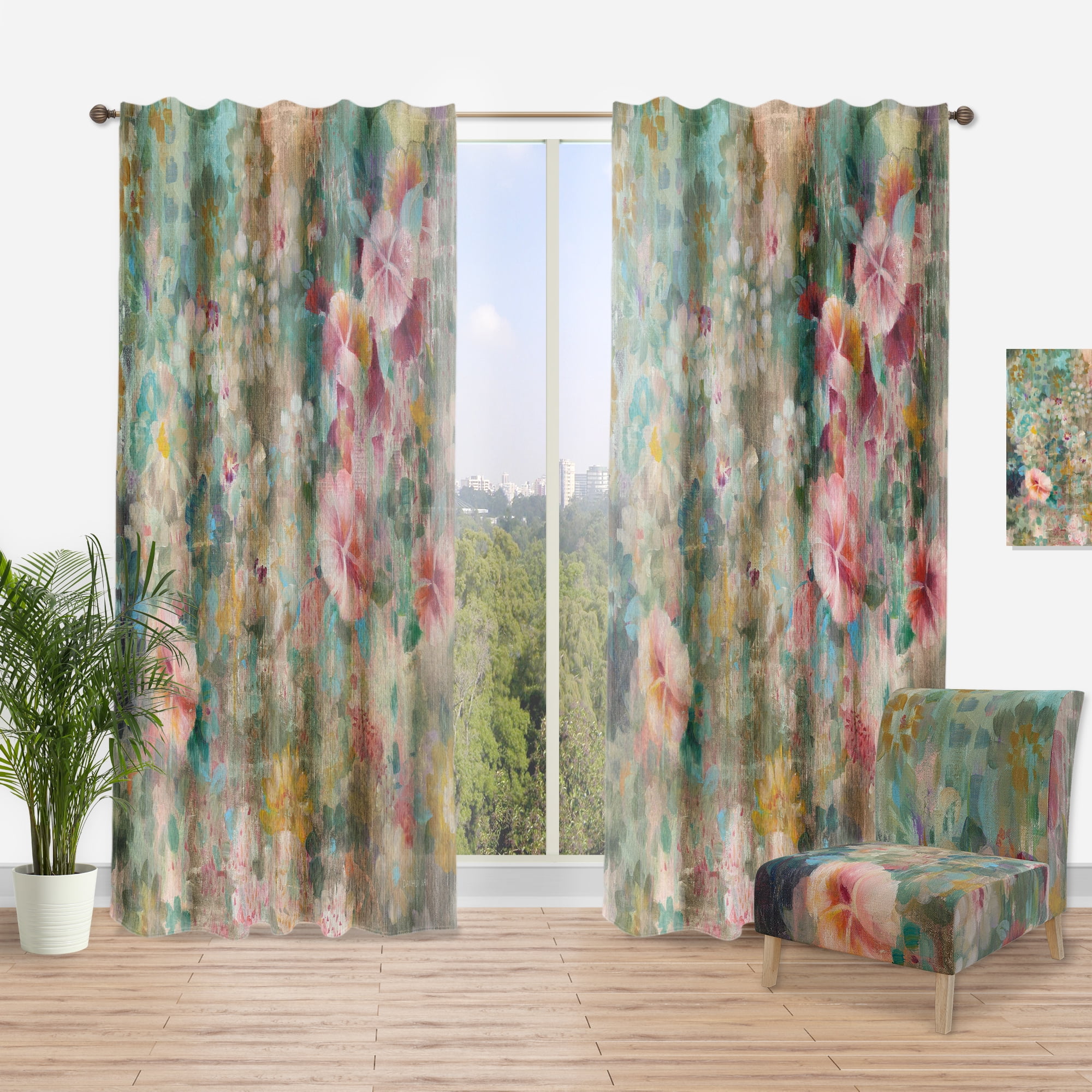 Designart 'Abstract Flower Shower II' Farmhouse Curtain Panel
