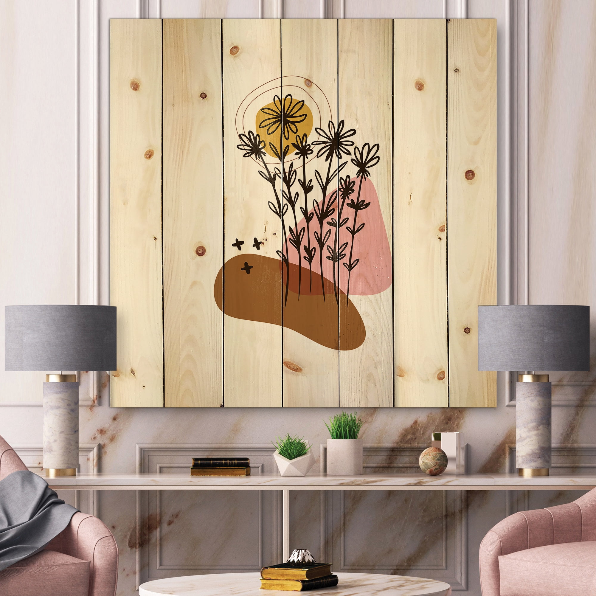 Designart 'Abstract Flowers Plants With Elementary Shapes I' Modern Print on Natural Pine Wood