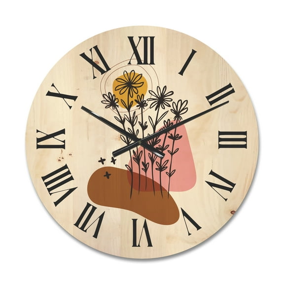 Designart 'Abstract Flowers Plants With Elementary Shapes I' Modern Wood Wall Clock