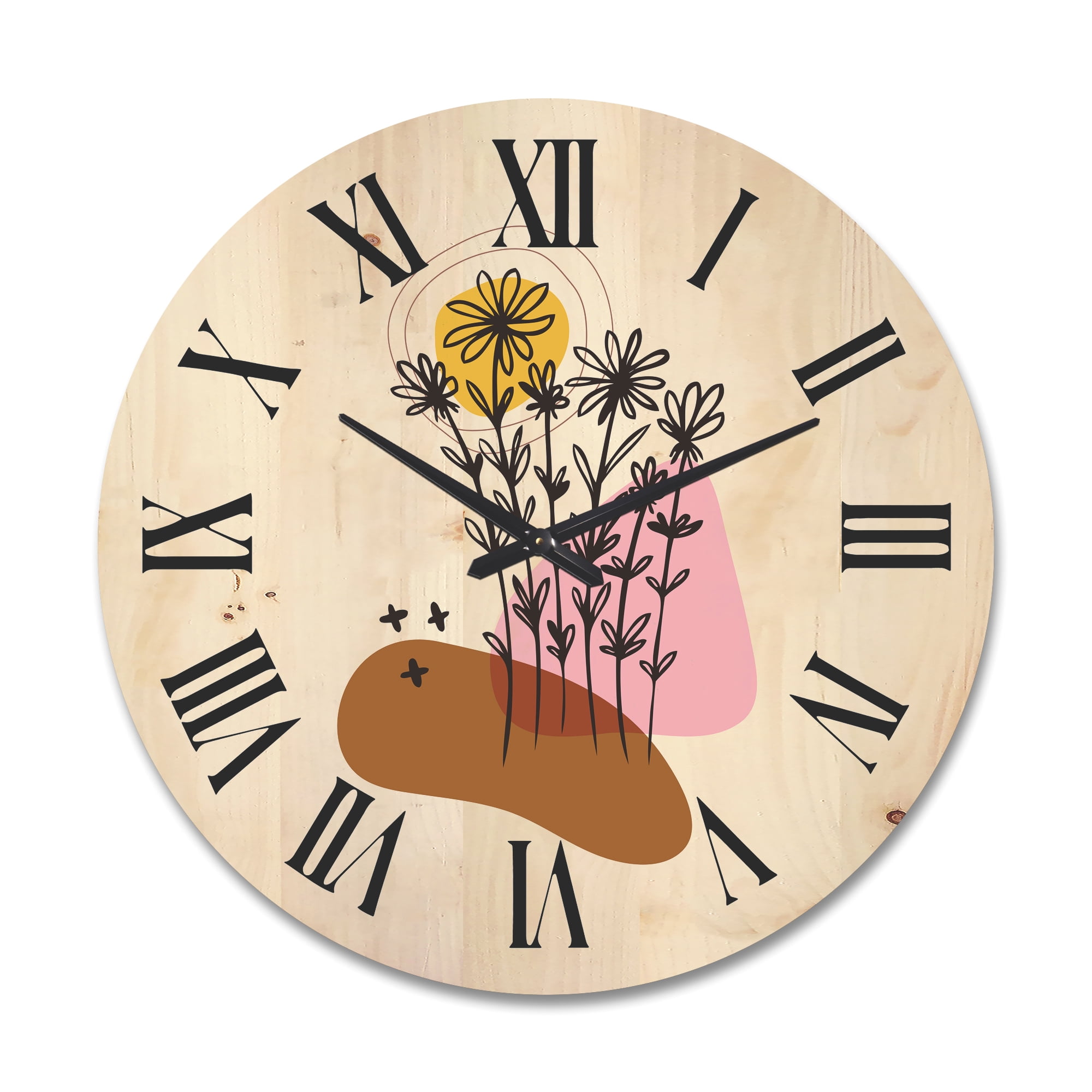 Designart 'Abstract Flowers Plants With Elementary Shapes I' Modern Wood Wall Clock