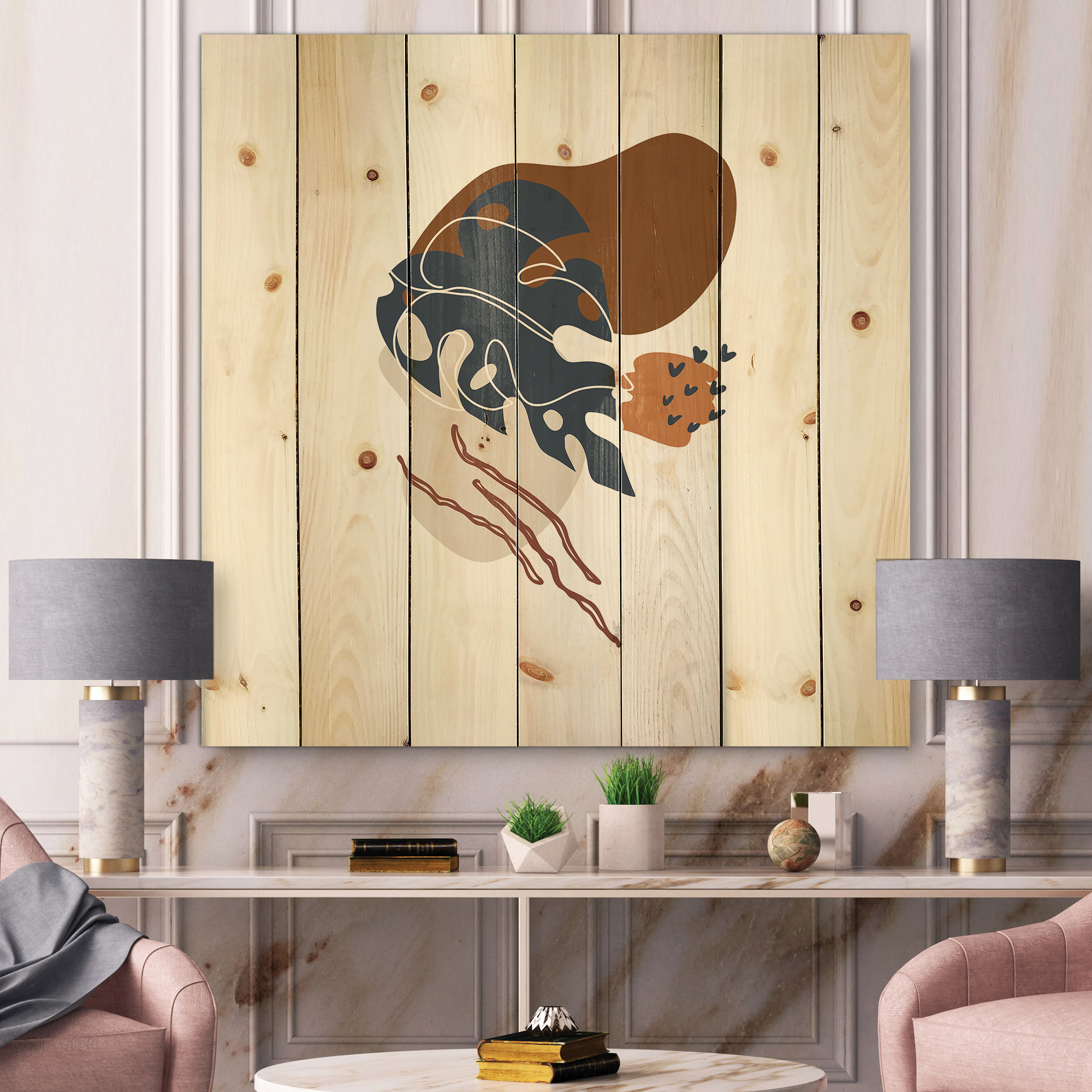 Designart 'Abstract Flowers Plants With Elementary Shapes III' Modern Print on Natural Pine Wood
