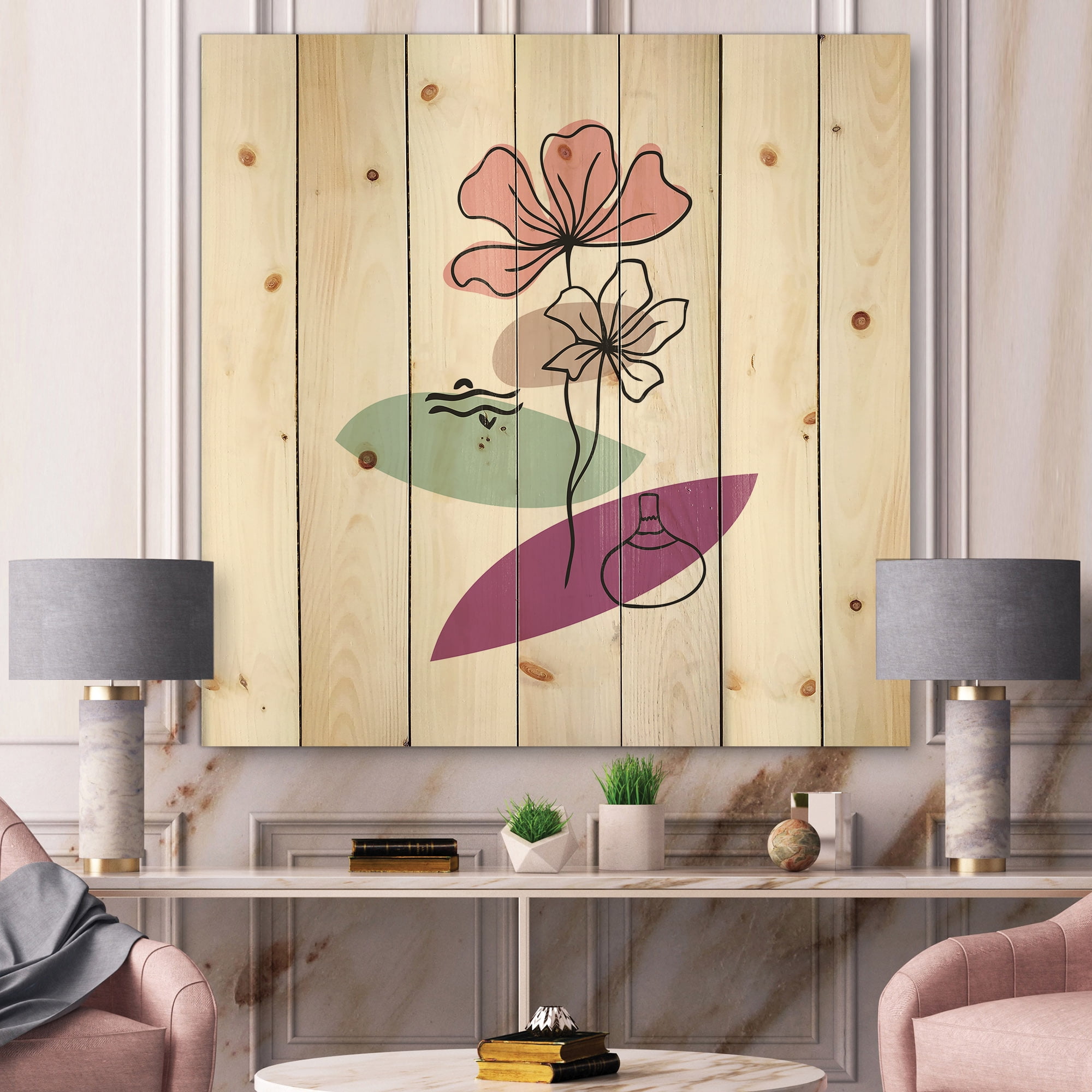 Designart 'Abstract Flowers Plants With Elementary Shapes IV' Modern Print on Natural Pine Wood