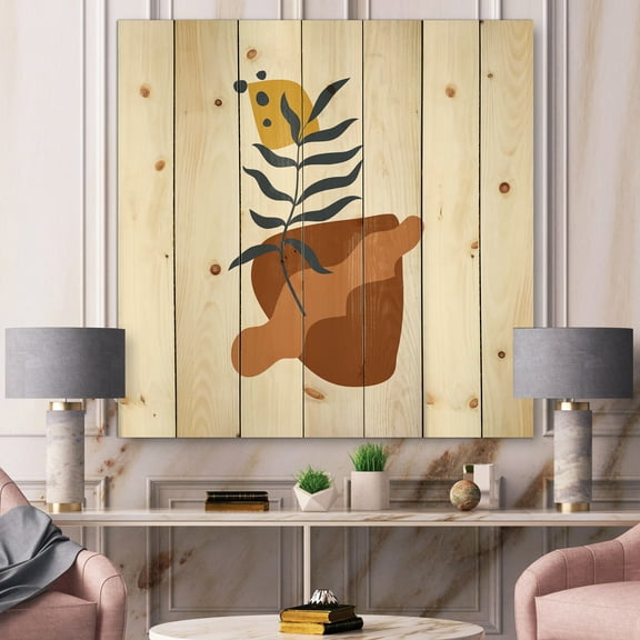 Designart 'Abstract Flowers Plants With Elementary Shapes VI' Modern Print on Natural Pine Wood