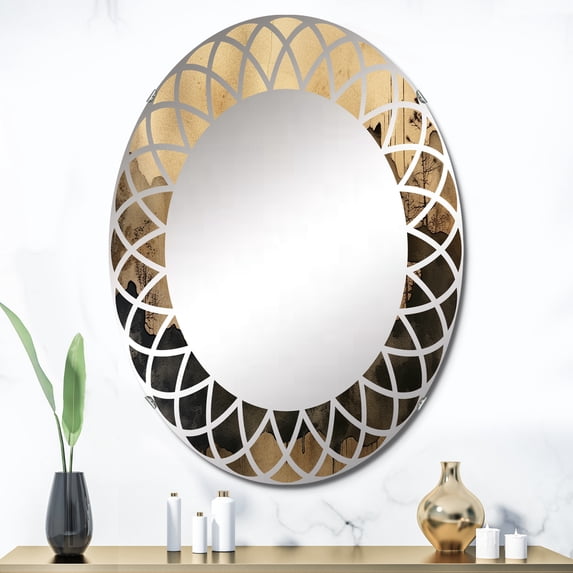 Designart "Abstract Fluidity Brown Black Composition" Abstract Round Wall Mirror - Modern Oval Printed Decorative Oversized Mirror - Multiple Color Options