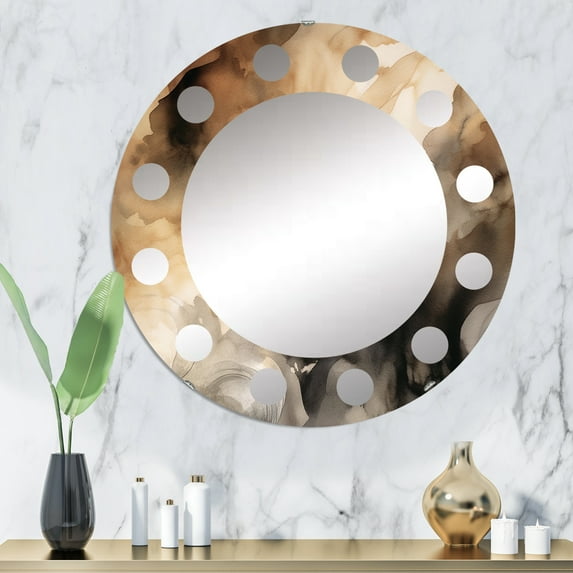 Designart "Abstract Fluidity Brown Cream Elegance" Abstract Round Wall Mirror - Modern Oval Printed Decorative Oversized Mirror - Multiple Color Options
